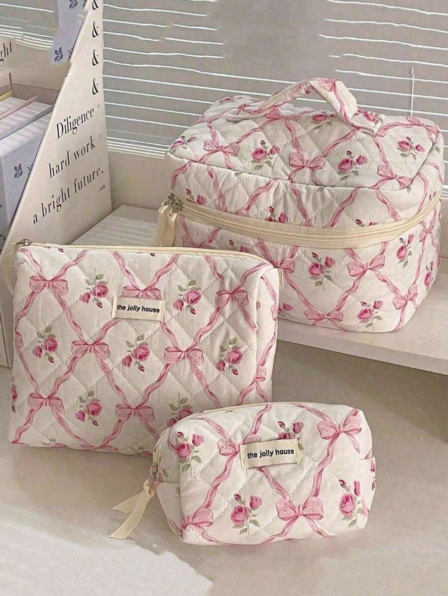 3pcs/1pc Quilted Bow & Rose Design Cosmetic Bag, Fashion Portable Makeup Bag, Multi-Functional Storage Pouch, Cute Large Capacity Toiletry Bag, Travel Organizer, Mini Makeup Brush Holder Handheld Bag, Printed Wash Bag For Lipsticks, Brushes, Skincare Products, Phones, Coins, Small Items, Suitable For Home, Gifts, Holidays And Festival Like Halloween, Christmas