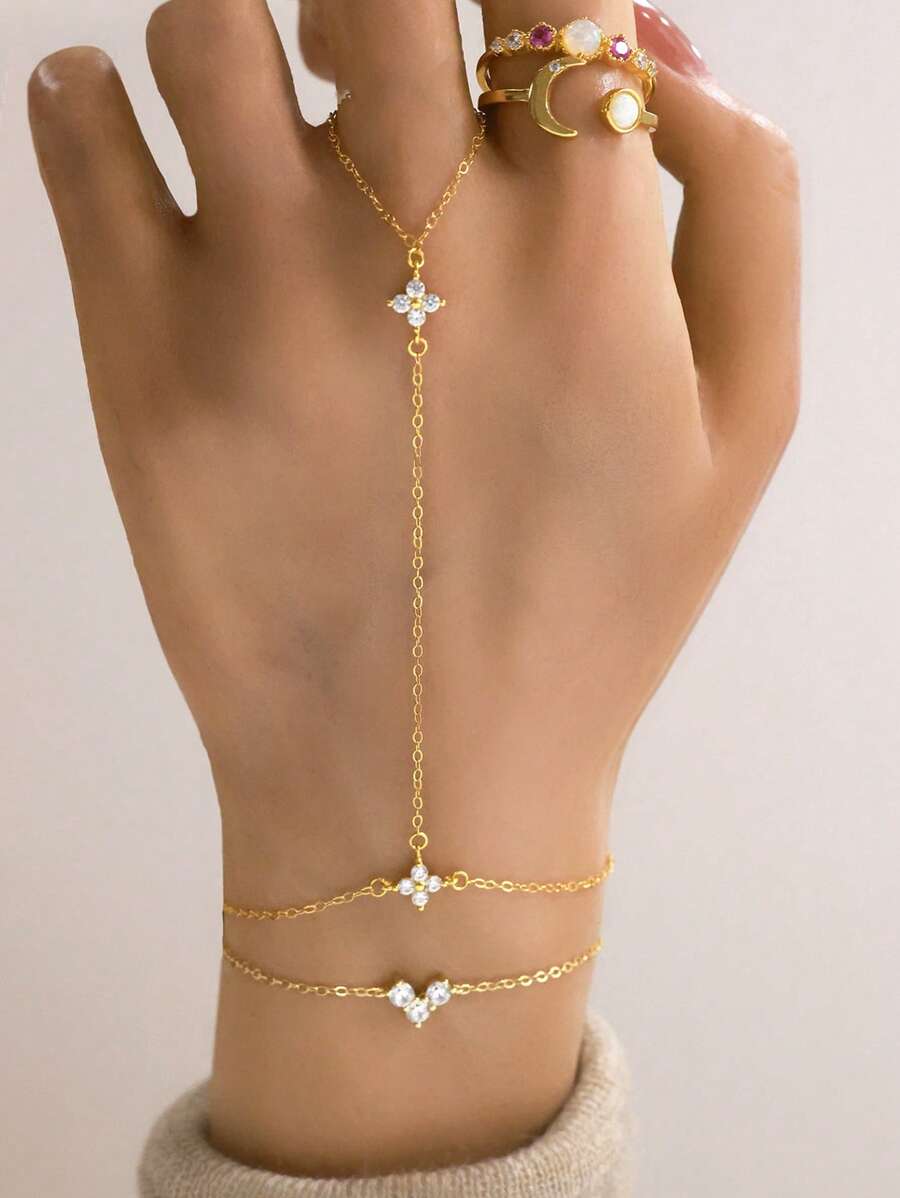 1 pieza Anillo de plata de ley 925 con diamante y doble trébol de cuatro hojas, pulsera chapada en oro, adecuado para uso diario/fiesta/citas de mujeres