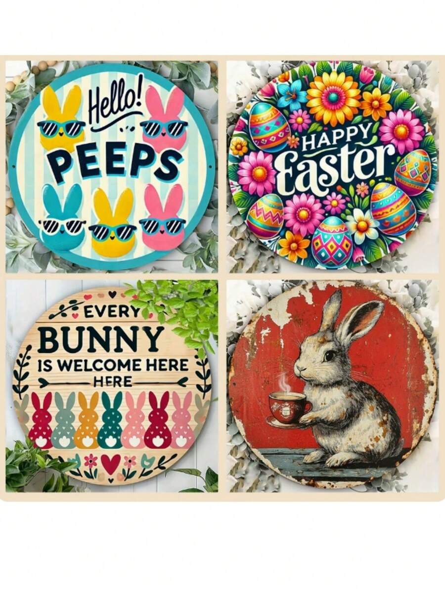 Cartel de bienvenida de madera con huevos y conejito de Pascua - Decoración colgante redonda hecha a mano para fiesta de primavera, decoración de puerta principal de estilo granja