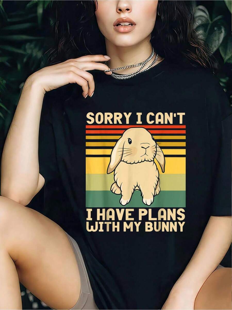 Funny Easter Rabbit Sorry I Can't I Have Plans With My Bunny T-Shirt - 100% Cotton Women's Casual Short Sleeve Crew Neck T-Shirt For Spring & Summer - Comfortable, Relaxed Fit, Printed Graphic Tee For Sport Lovers