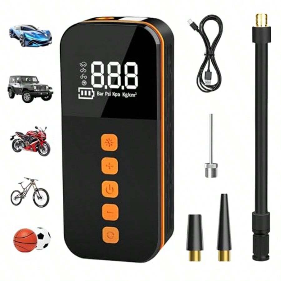 Compressor de ar portátil para inflar pneus, bomba de ar para carro de 150 PSI, equipado com medidor de pressão de pneus e luz LED, compressor de ar sem fio recarregável, adequado para carros, bicicletas, motocicletas, bolas e acessórios para carros
