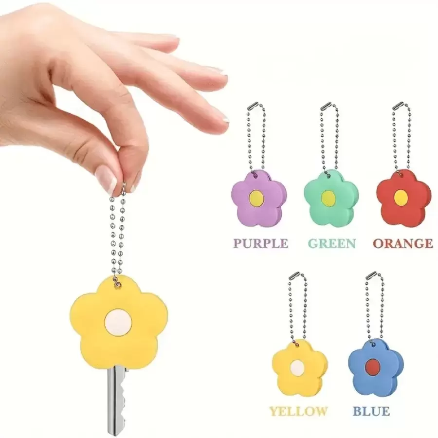 5 Pieces Cartoon Flower Elastic Key Cap Set Cute And Flexible Key Cover Key Identifier Label Cover Convenient Identification Door Key Ring
