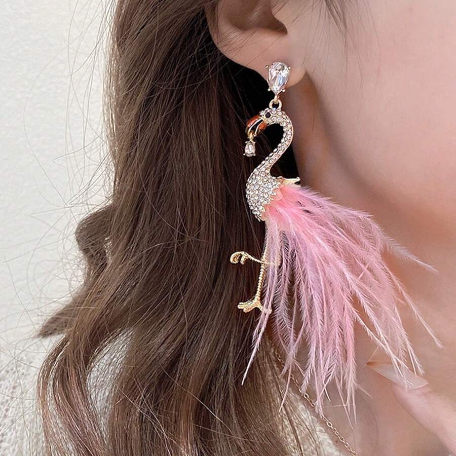 1 par de pendientes de flamingo artificial con cuentas, decoración de rhinestone, moda personalizada para fiesta de mujer