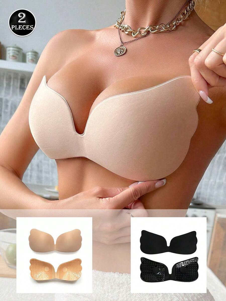 2pcs One-Piece Silicone Angel Wing Adhesive Bra, Breathable, Gathered, Anti-Expansion, Small Breasts Look Bigger, No-Drop, Non-Slip Nipple Stickers, Enlargement, Upper Support, Match With Wedding Dress, Breathable, Seamless, Strapless Adhesive Bra