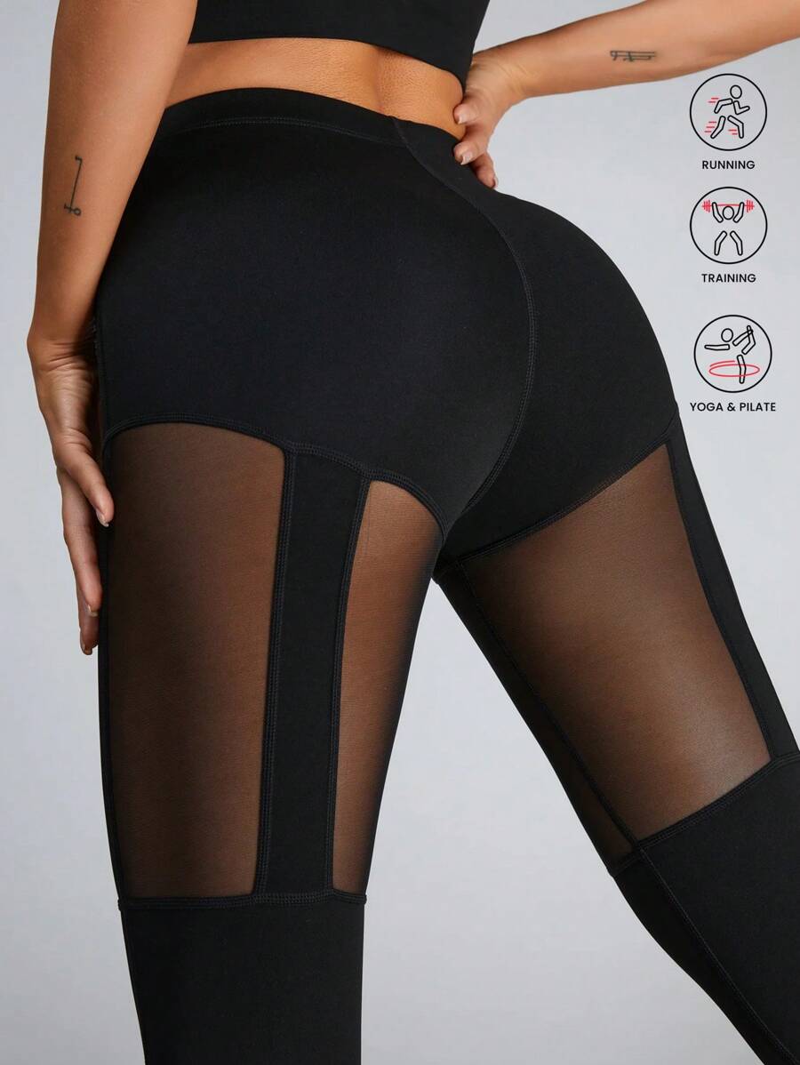Women's Mesh Yoga Leggings, Hollow-Out Breathable Quick-Dry Skinny Pants For Running, Workout, Fitness, Spring/Summer, Black