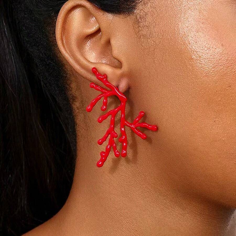 1 Pair Coral Ocean Themed Luxury Fashion Asymmetrical Exquisite Bohemian Style Earrings, Zinc Alloy Material, Suitable For Women To Wear On Beach Vacations And Parties
