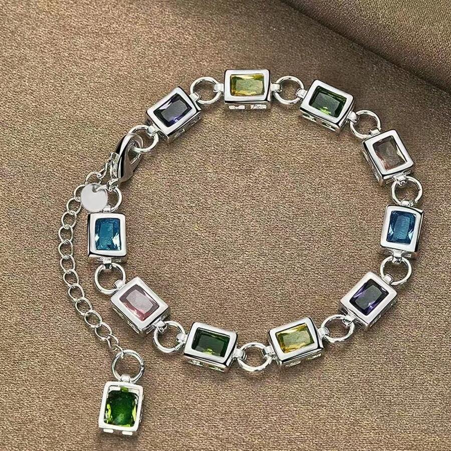 925 Sterling Silver Square Inlaid With Multi-Color AAAAA Zirconia Chain Bracelet For Women Wedding Engagement Party Jewelry