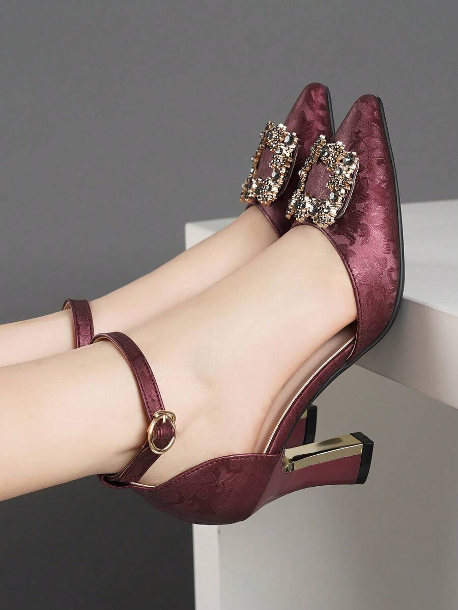 Women's High Heel Square Toe Pumps, Chunky Heel Peep Toe, Rhinestone Decor