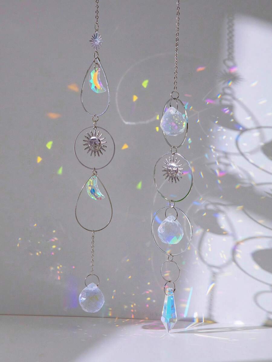1 pieza de Colgante de pared de cristal artificial, accesorios de joyería con forma de sol y media luna plateada para decoración del hogar
