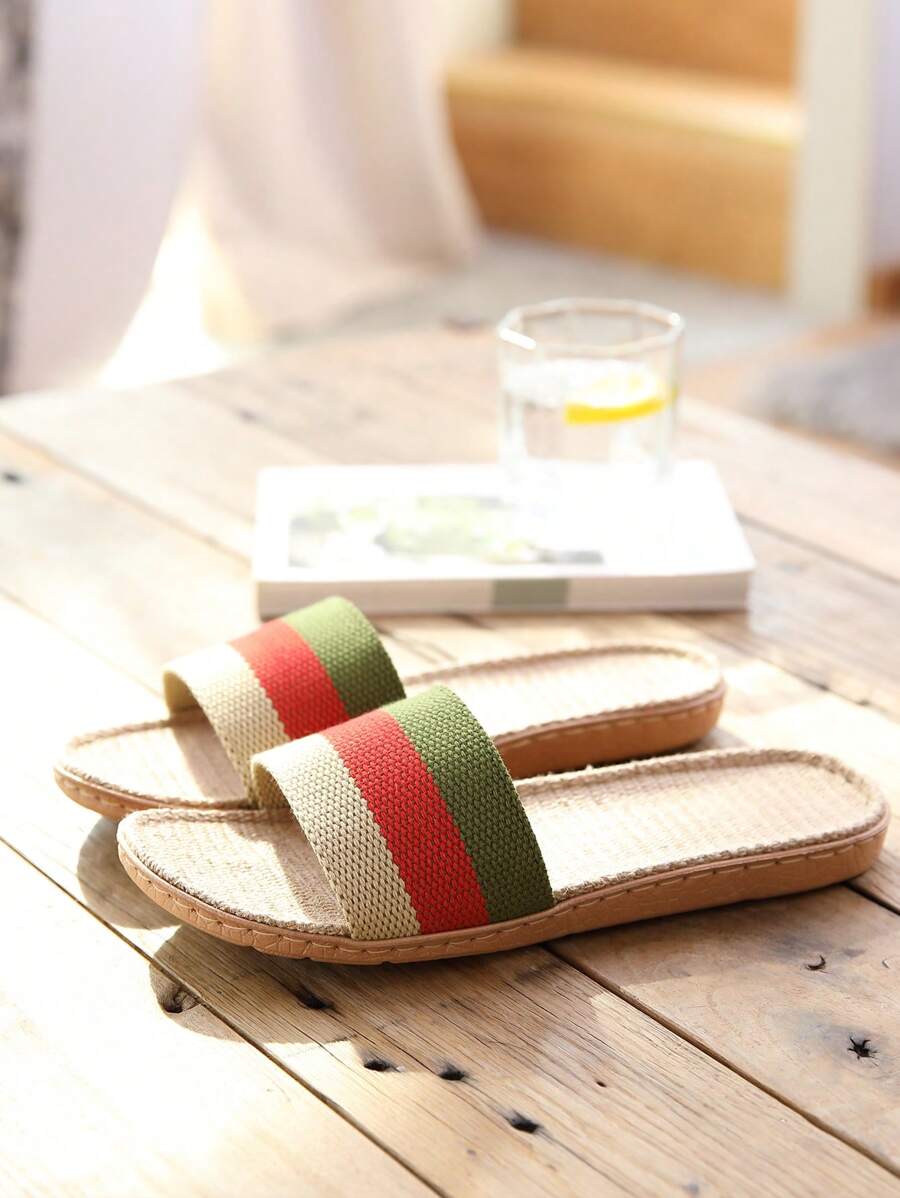 Women's Linen Couple Slippers, Wavy Design Indoor Non-Slip Beach Vacation Sandals, Spring Summer Autumn