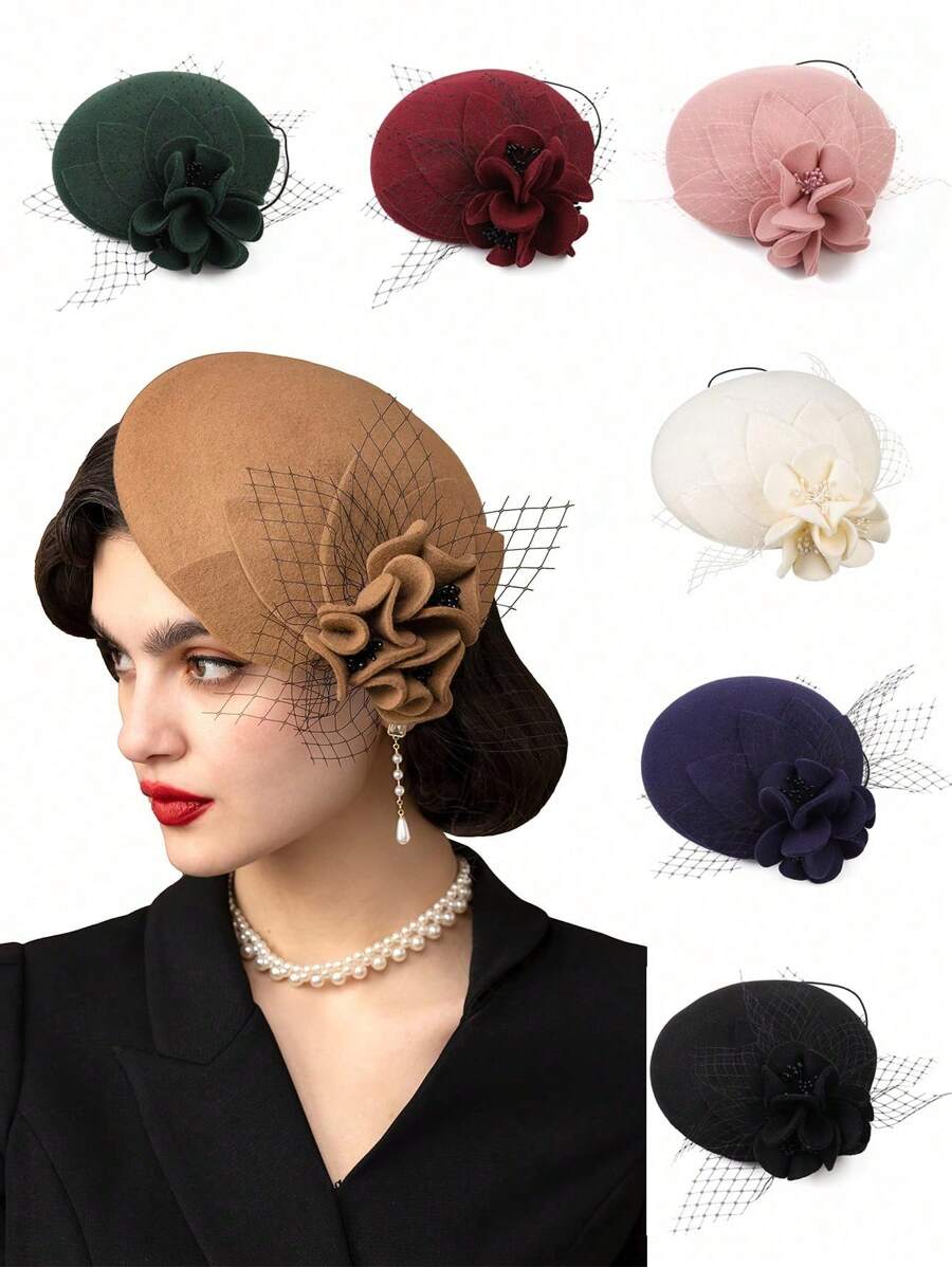1 pieza Boina de fieltro de lana estilo británico, sombrero pillbox para mujeres, sombrero de iglesia, derby, boda, disfraz vintage con velo, regalo para mujeres