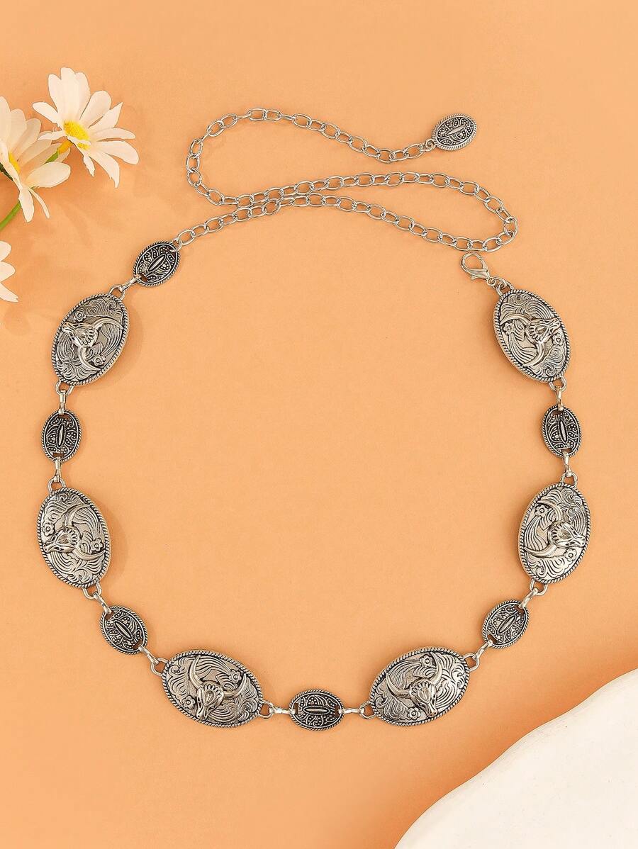 Boho Metalowy Pasek Wiszący, Vintage Bull Head Flower Wytłoczony Dekoracyjny Łańcuch, Elegancki Pasek Do Dżinsów Damskich, Sukienek, Zwierzęcy Streetwear, Seksowna Elegancka Impreza, Metalowy Pasek Ze Stopu Cynku, Wiosna Lato Jesień Zima