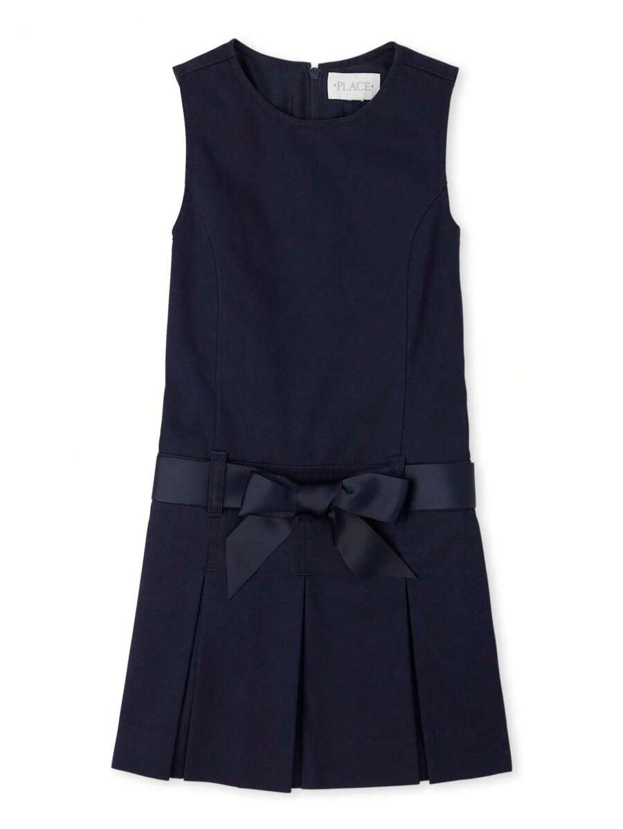 The Children's PLACE Girls Uniform Belted Jumper School Cotton Twill Round Neck Above The Knee Length