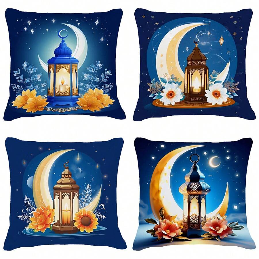 45 X 45 Cm 4pcs/Set Ramadan Square Decorative Throw Pillow Covers, Soft Plush Material With Ramadan Moon, Star And Flower Pattern, Removable And Washable, Suitable For Living Room, Office, Sofa Decor, Ramadan Gift