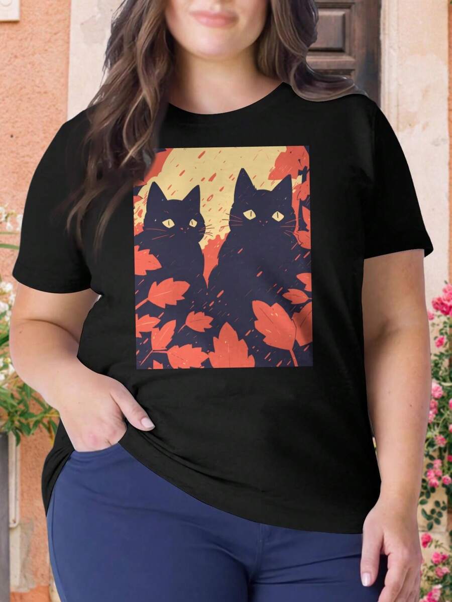Black Cat Autumn Theme Painted Art Oversize Women T-Shirt For Cat Lovers Autumn Colors Leaves Big Sizes