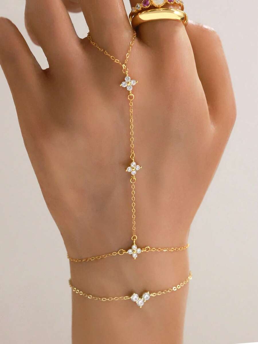 1 pieza Anillo de trébol de tres hojas con diamante de clásico de plata de ley 925, pulsera chapada en oro, adecuado para uso diario/fiesta/citas de mujeres