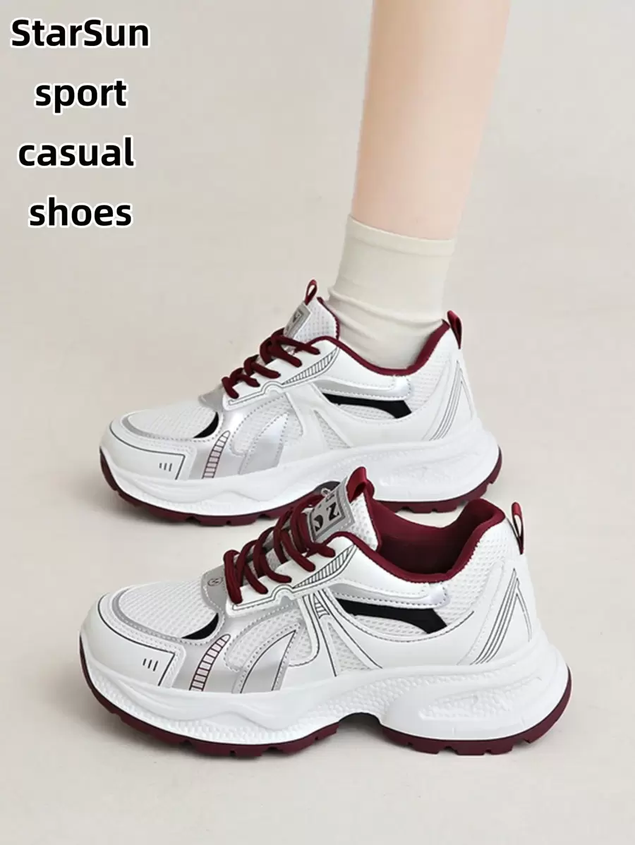 1 Pair Women's Spring/Autumn New Style Sports Chunky Chunky Sneakers, Lace-Up Mesh Breathable Platform Low Vamp Wedge Heel Casual Shoes, Lightweight Versatile Fashionable Casual Sneakers, Lace-Up, Milky White