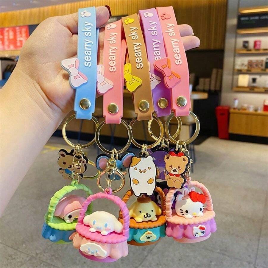 Sanrio 1pc Cute Sanrio Cartoon Plush Keychain, Kitty Cradle Style, Adorable & Refined Keychain, Bag Pendant Charm, Kuromi, My Melody Character Keychain