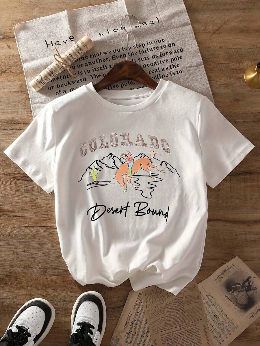 Summer Casual Women's Round Neck T-Shirt, Slim Fit Short Sleeved T-Shirt