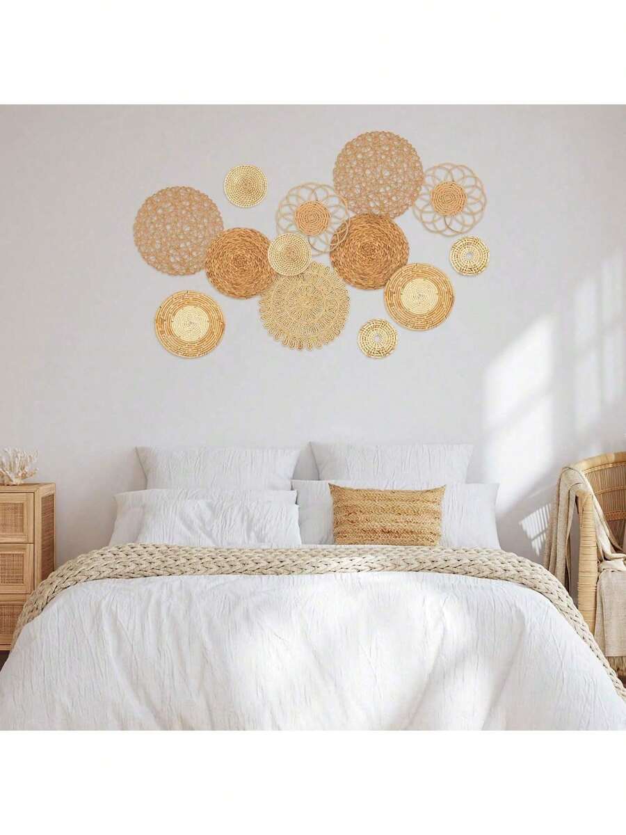 Bohemian stijl mand versierd geweven bamboe zeewiermand met de hand versierd Bohemian wanddecoratie slaapkamer woonkamer eetkamer kantoor kan direct worden opgehangen nagels (klassiek) kamerdecoraties tuindecoratie bruiloftsdecoratie woondecoraties