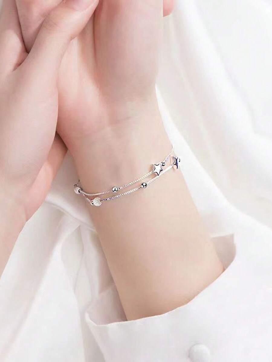 1pc Metal Double-Layer Chain Pentagram Pendant Elegant Fashion Luxury Style Bracelet For Women