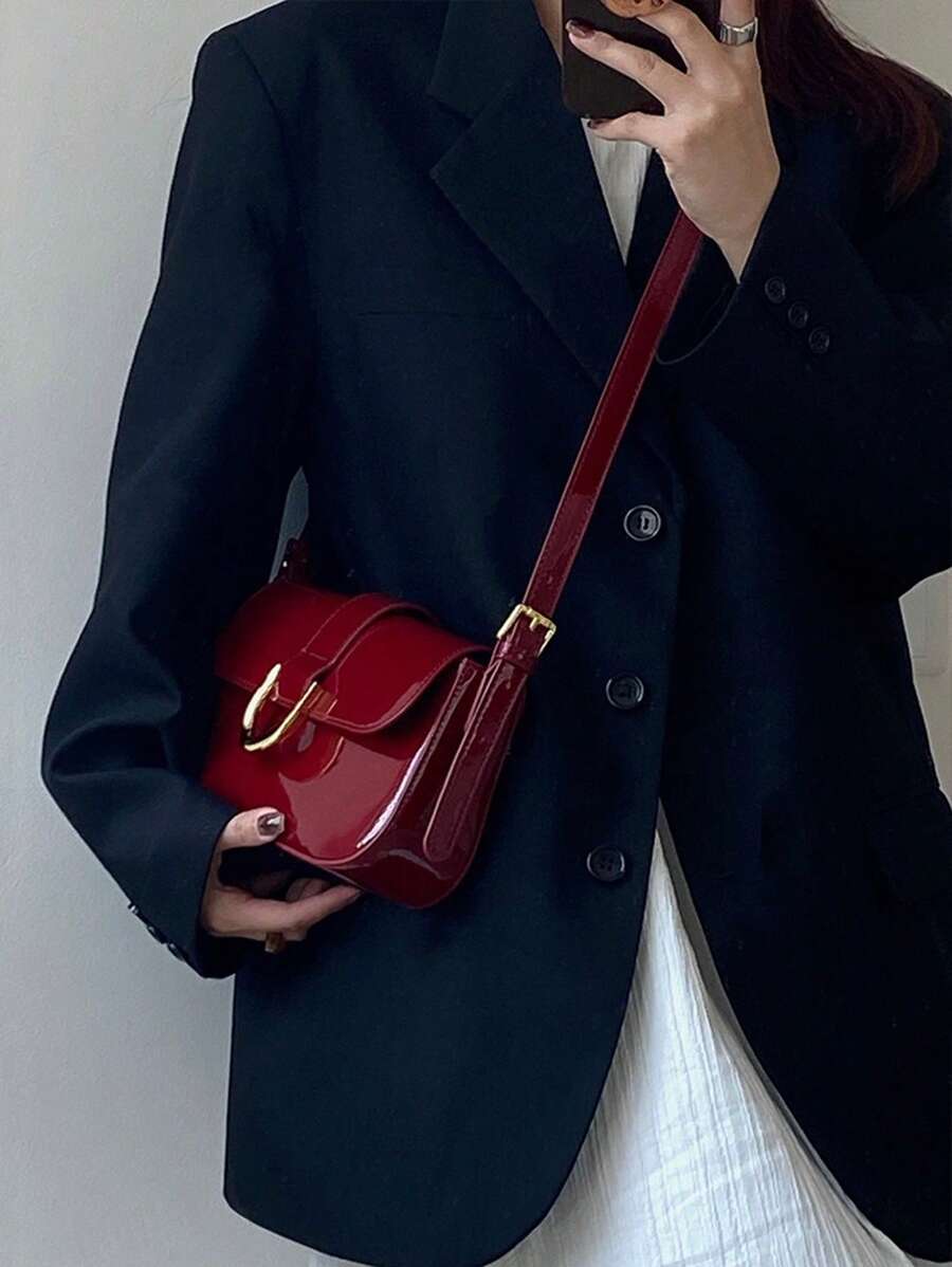 Bolso bajo el brazo vintage de alto nivel con hebilla en forma de herradura patentado brillante, bolso de hombro/cruzado burdeos y negro
