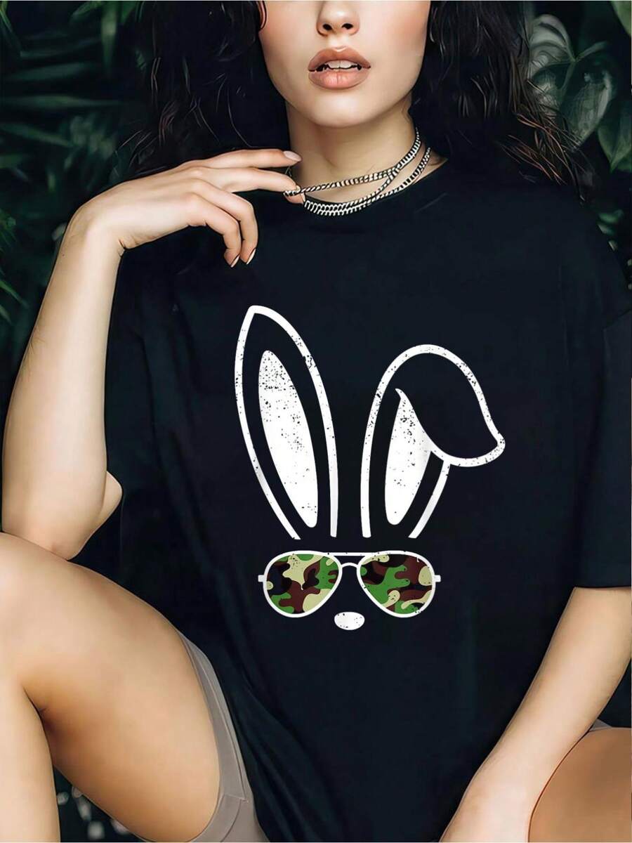 Bunny Ears Retro Funny Easter Camo Camouflage T-Shirt - 100% Cotton Women's Casual Short Sleeve Crew Neck T-Shirt For Spring & Summer - Comfortable, Relaxed Fit, Printed Graphic Tee For Sport Lovers