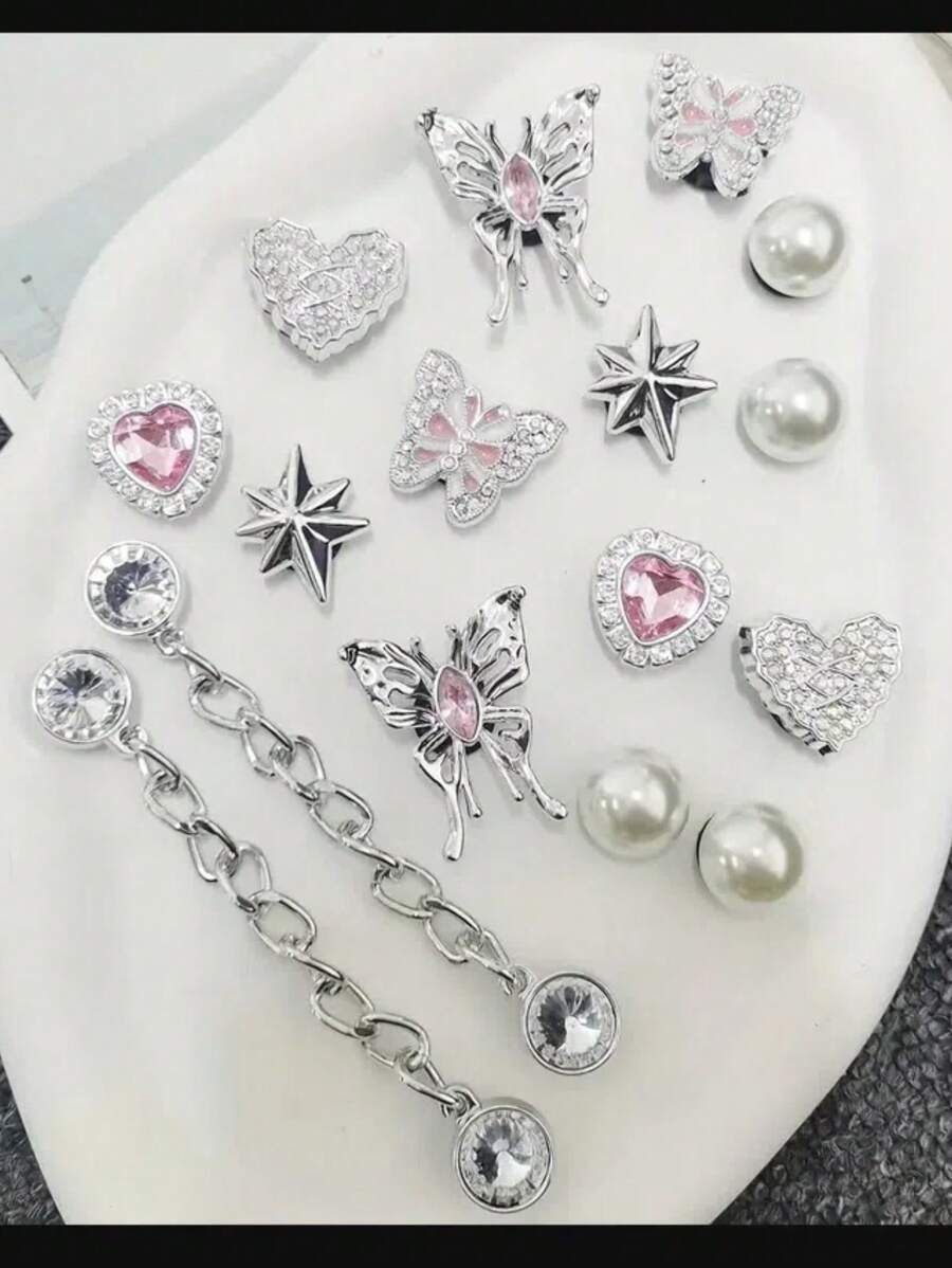 16pcs/Set Rhinestone Chain, Pink Crystal Heart, Butterfly, Pearl, 7-Pointed Star Resin Fashion Simple Ins Style DIY Shoe Decorations
