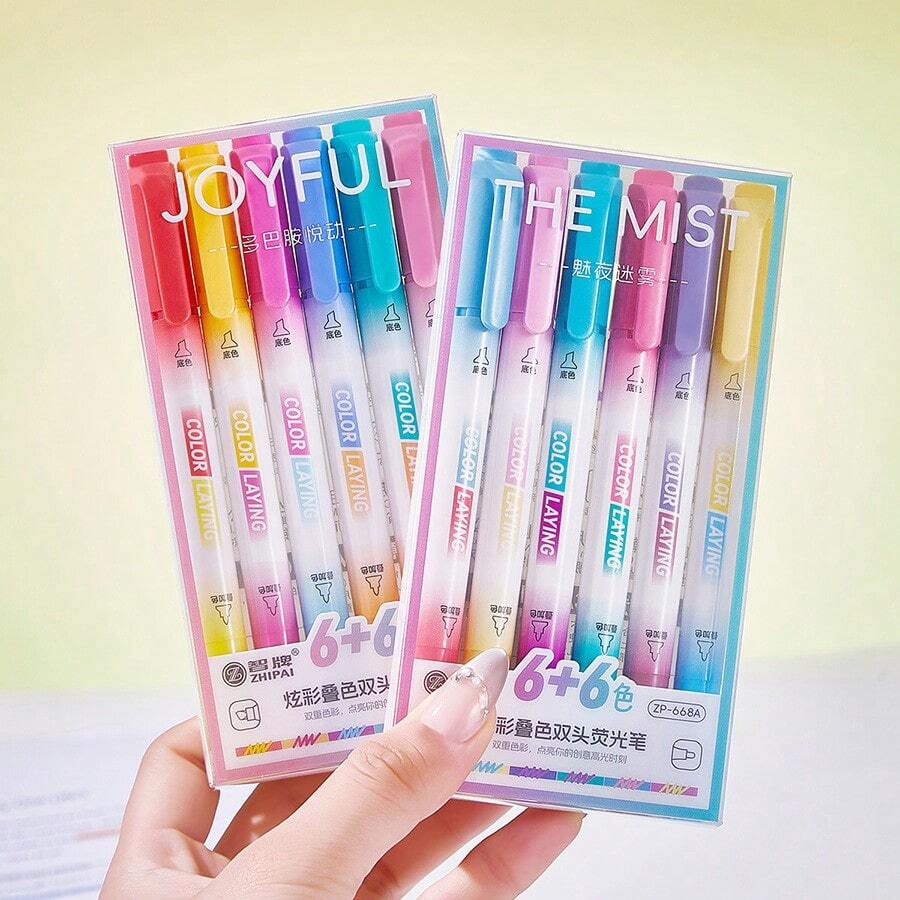 12pcs Colorful Highlighter Pens, Double-Ended Dual-Color, Suitable For Students Marking, Highlighting, 24 Colors