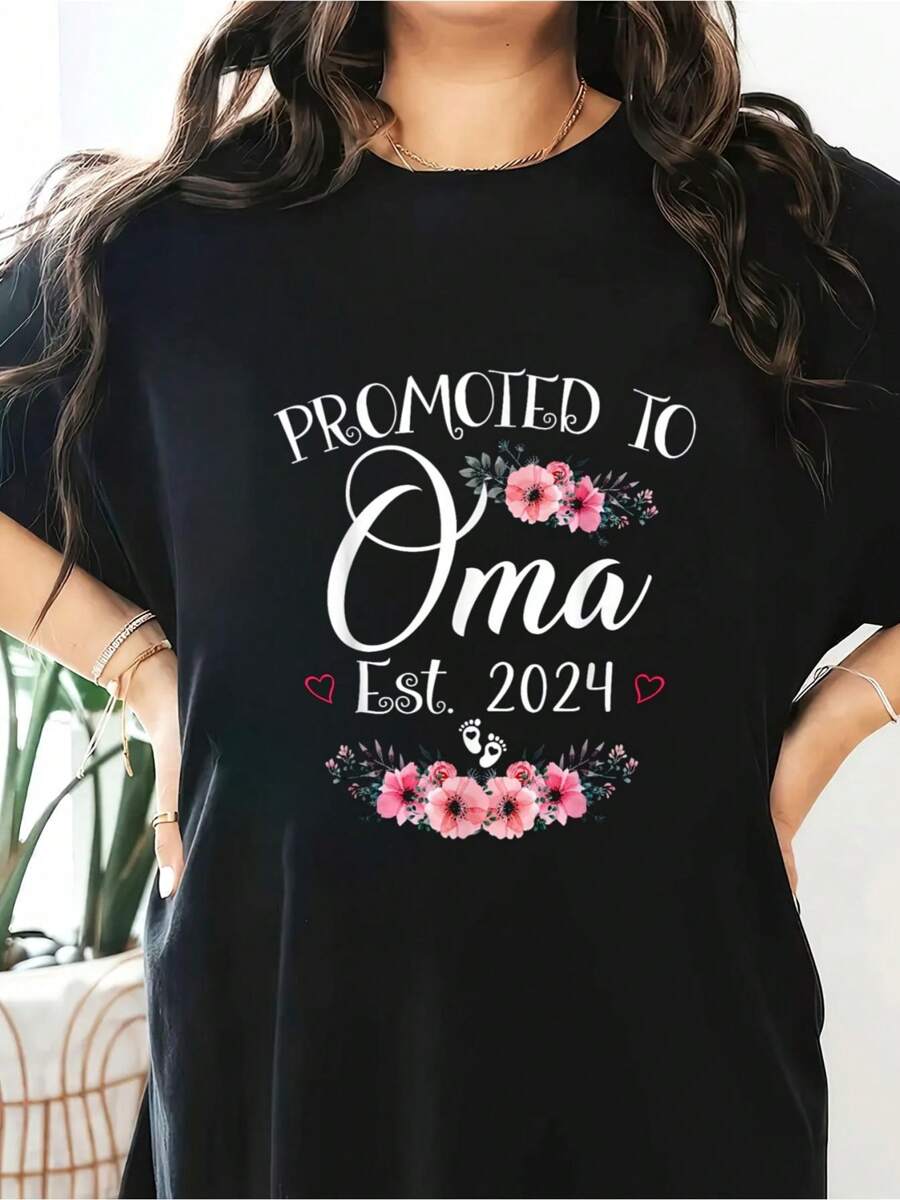 100% Cotton Promoted To Oma 2024 Mother's Day Soon To Be Mom Graphic Print Solid T-Shirt, Women's Casual Short Sleeve Top For Spring & Summer, Women Graphic T-Shirts