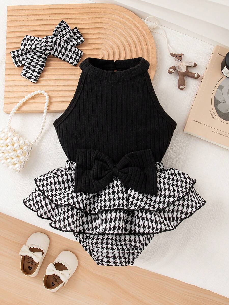 Baby Girls Cute Sleeveless Black Crop Top & Houndstooth Bow Ruffle Hem Romper & Headband Summer Outfit Set