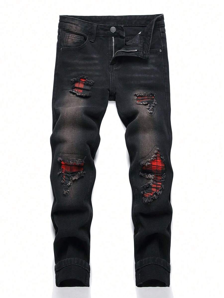 Jeans Denim Casuais Desfiados de Patchwork Xadrez Lavados para Meninos Pré-Adolescentes
