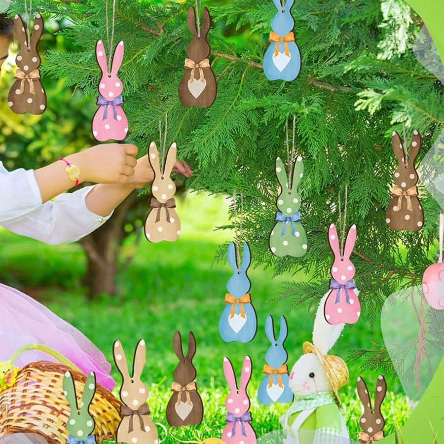 6 stuks houten paashaasdecoraties, veelkleurige touwhangende konijnen, paasmandlabels paasdecoraties paasdecoratie festivalgeschenk