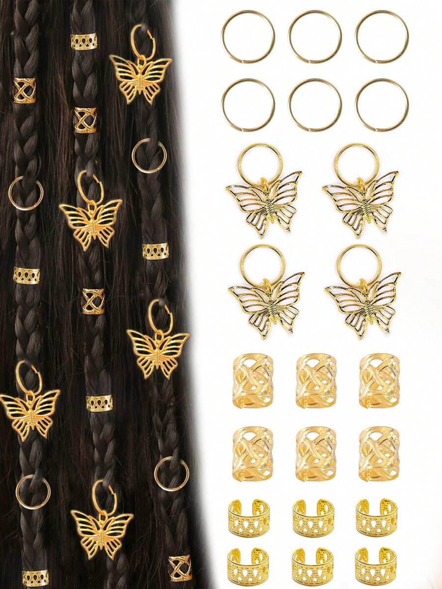 35pcs/Set Solid Color Butterfly Hollow Knitted Hair Scrunchies Set, Suitable For Braided Hairstyles, Adjustable Hair Hoops Fit For All Seasons