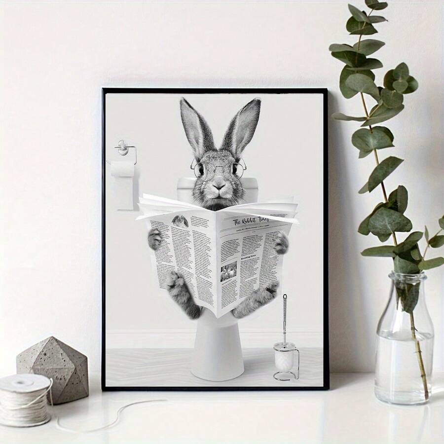 1pc Easter Humor Charming Bunny Reading Newspaper Canvas Art Poster, Wall Decoration For Bathroom, Bedroom, Kitchen, Living Room, Office And Cafe, Perfect Room Decoration Gifts Birthday Graduation