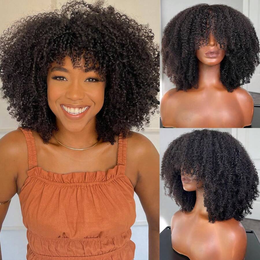 Afro Kinky Curly Wig With Bangs Human Hair For Women 250% Density Brazilian Virgin Short Curly Hair Wigs Full Machine Made Scalp Top Glueless Wig Human Hair Natural Black