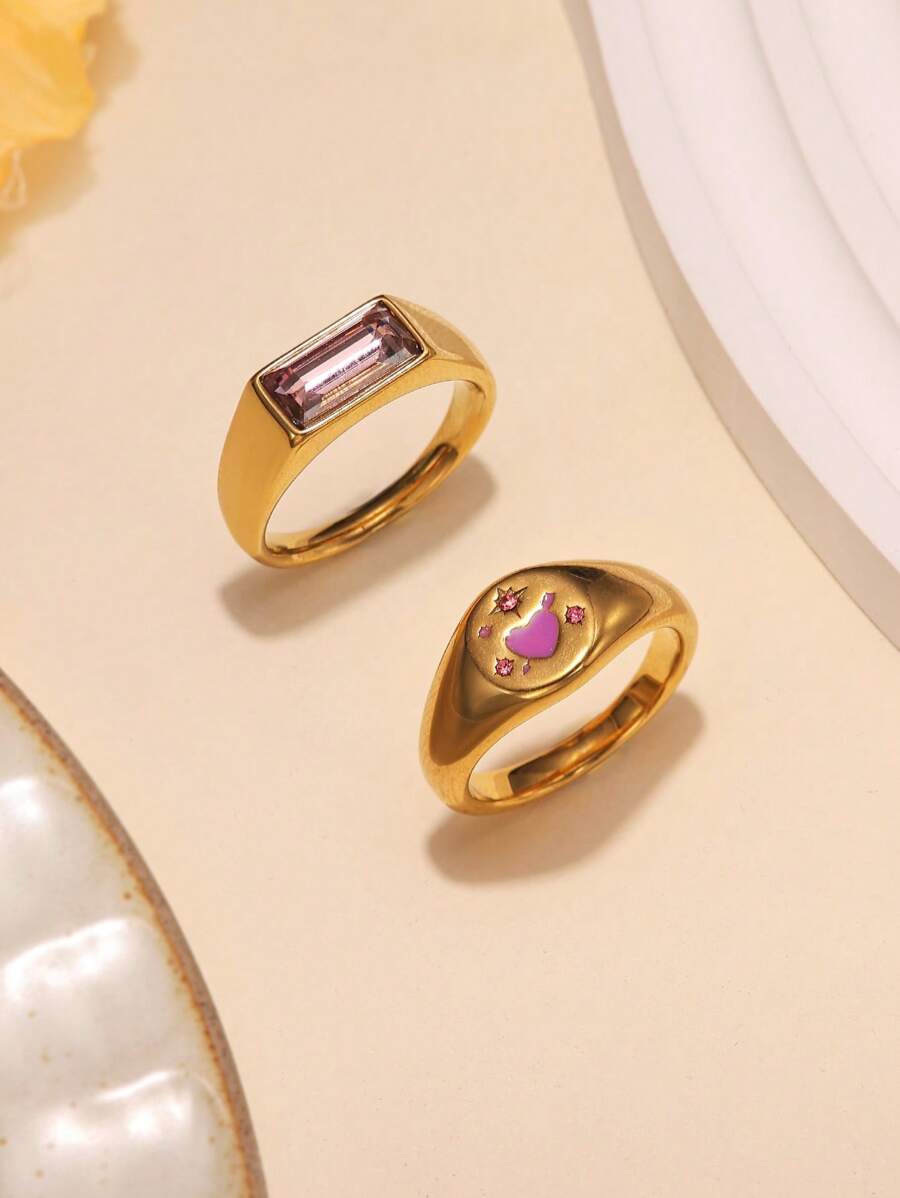 Conjunto de 2 peças de anel de aço inoxidável com incrustações de pedras roxas douradas e formato redondo, adequado para decoração diária feminina ou presente