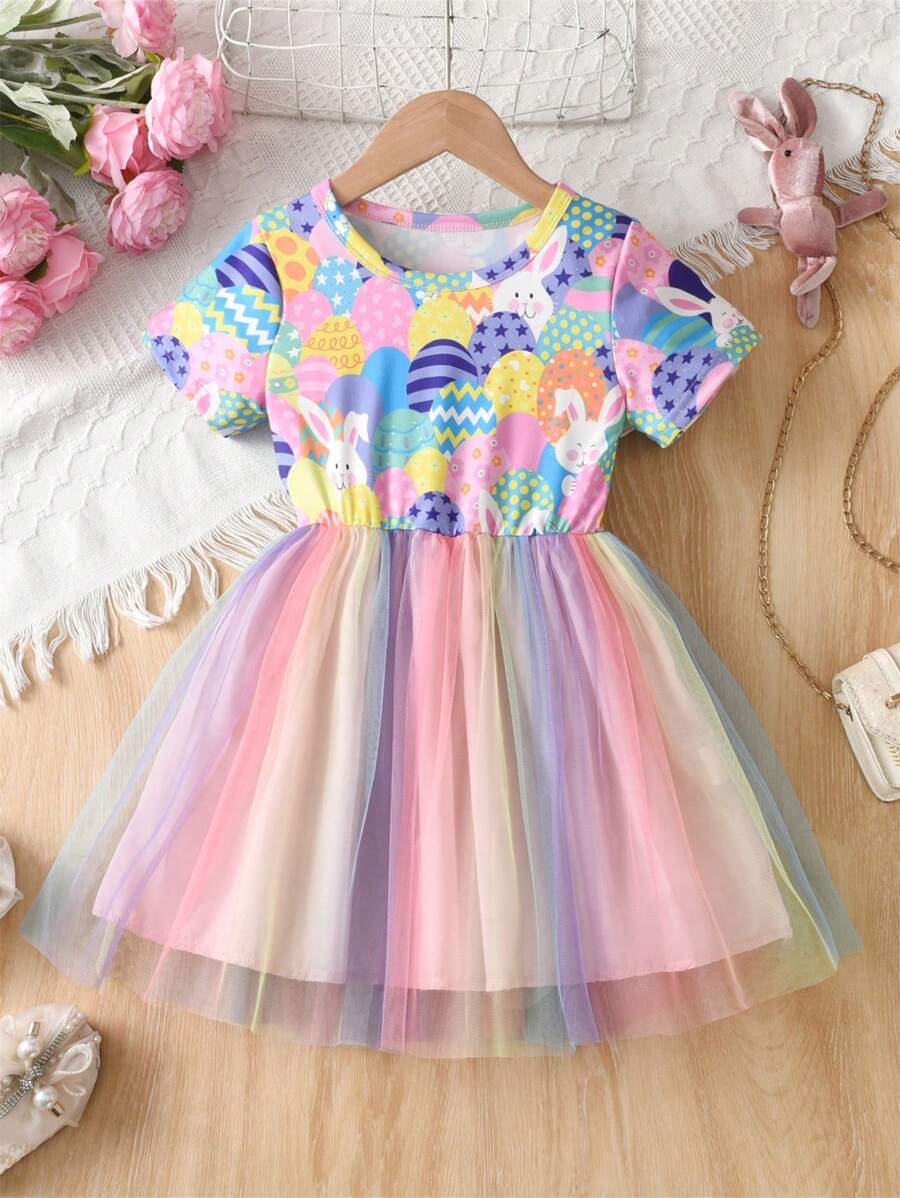 Vestido con estampado de elementos de Pascua y superposición de malla, de manga corta, para niña