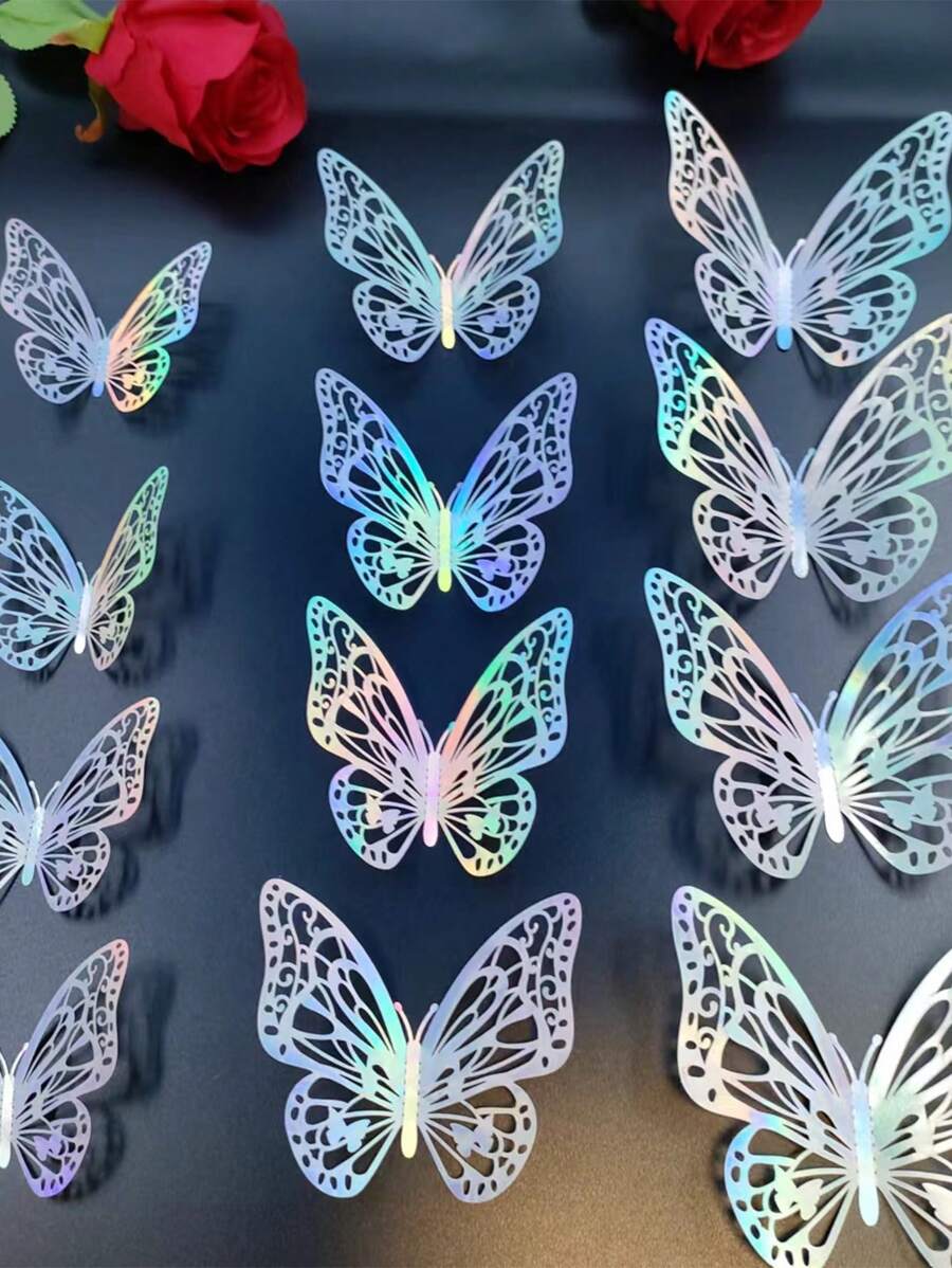 12pcs/Set 3D Hollow Butterfly Wall Stickers, Cake Decor, Wedding Decor, Home Living Room Decor Gifts Birthday Graduation Home Decor Wall Decor Bathroom Decor Bedroom Decor Room Decoration Stuff House Decor Home Decor Living Room Wall Paper Personalised Stickers School Decor School Surprise Dormitory Decor Back To School