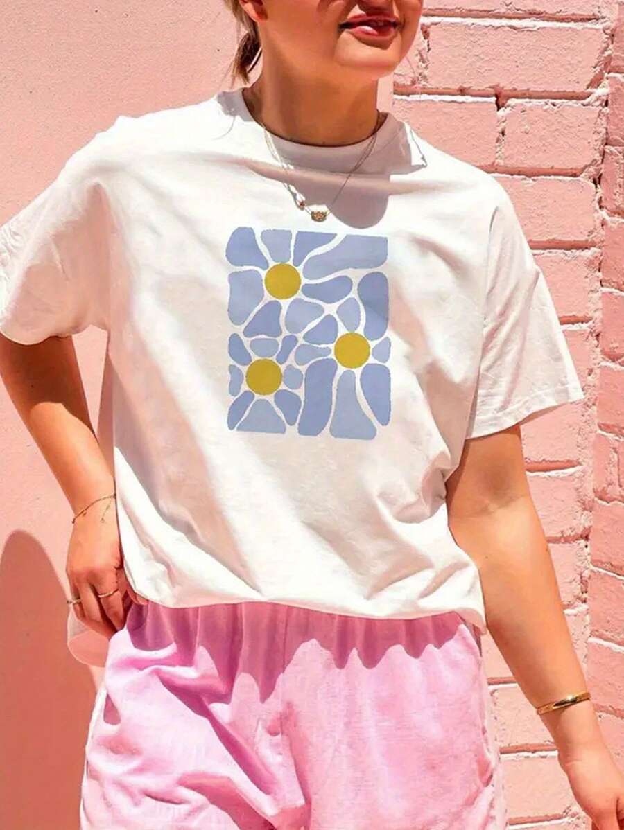 Summer And Spring Graphic Print T-Shirts, Short Sleeve Crew Neck Casual Tops, Women's Tops