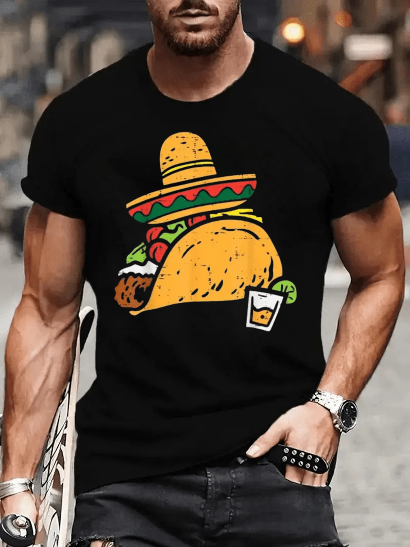 Camiseta De Hombre De Algodón Puro De 220g Con Impresión De Cultura Gastronómica Mexicana