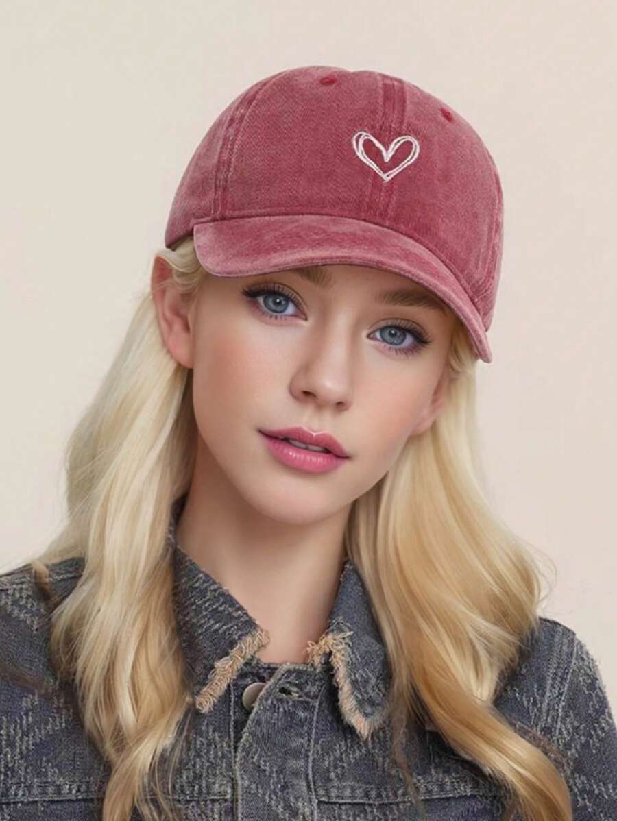 1 pieza Gorra de béisbol para mujer con lavado vintage, desgastada, bordado de corazón, gorra casual de ala curva para uso diario, parejas, vacaciones