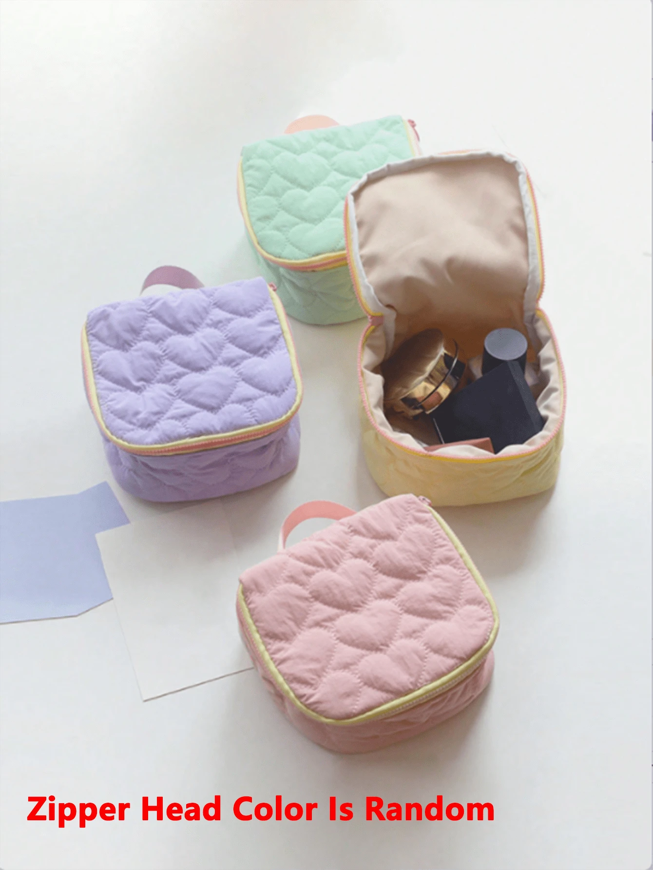 1 pieza Bolsa de maquillaje de lona con diseño de corazón para mujeres, gran capacidad, estilo coreano de moda, estuche con cremallera, bolso de viaje portátil, organizador de artículos de tocador para auriculares, lápiz labial, toallitas sanitarias (el color del tirador de la cremallera es aleatorio)