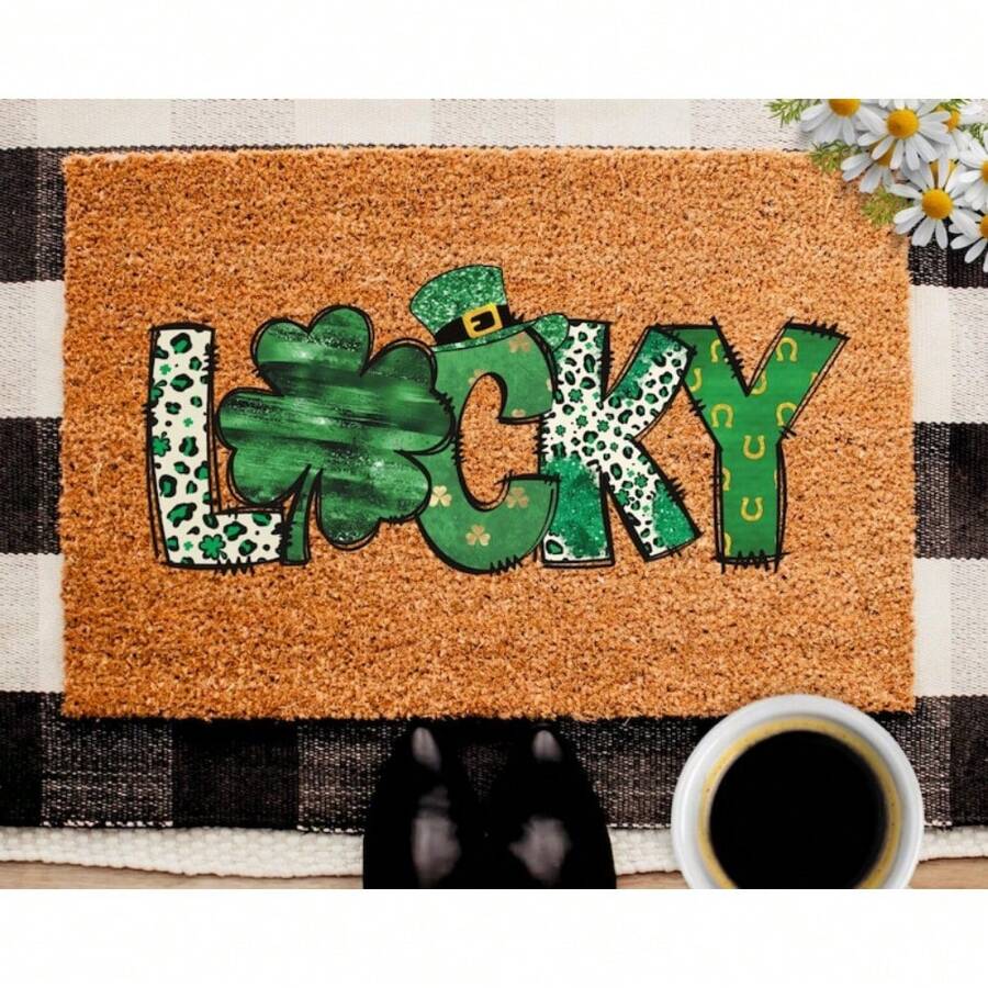 Lucky St Patrick's Day Doormat, Outdoor Welcome Mat, St Patricks Day Decor, St Paddy's Welcome Mat, Leprechaun Hat, Shamrock, Retro St Patricks Porch Decor