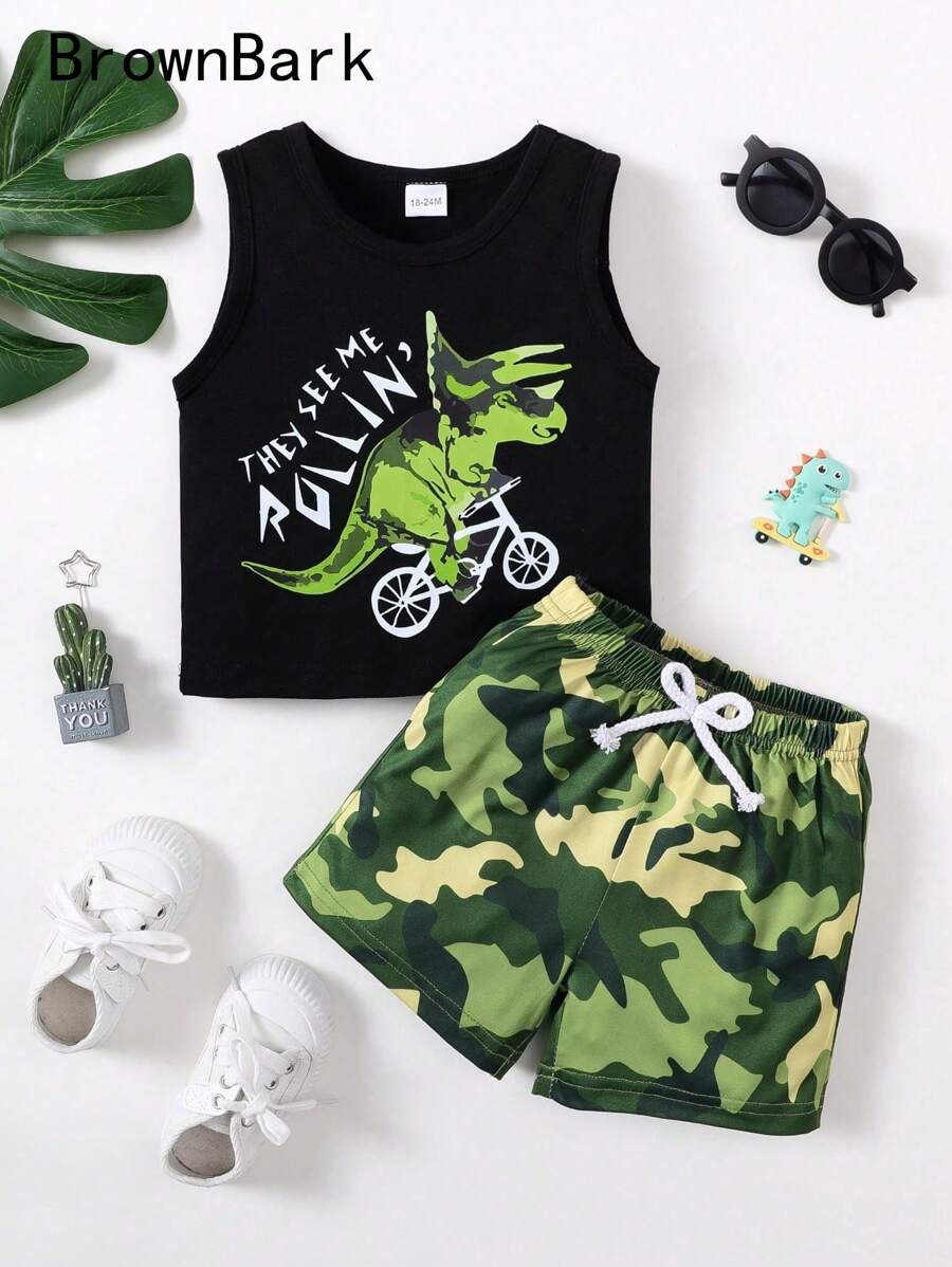 BrownBark Kleine Jungen 2 Stücke Dinosaurier Grafik Muster Weste + Camouflage Shorts Set, lässig bequem süß, Sommer Outfit, geeignet für Alltag und Outdoor-Tragen