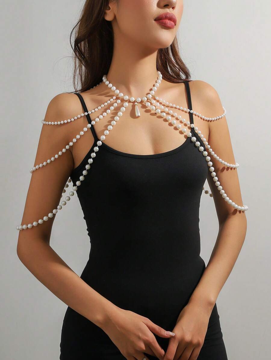 1pc Lightweight Luxurious Multi-Layer Faux Pearl Necklace & Shoulder Chain, Sexy Tassel Versatile Bikini Accessory, Simple High-End Handmade Body Chain For Summer Beach