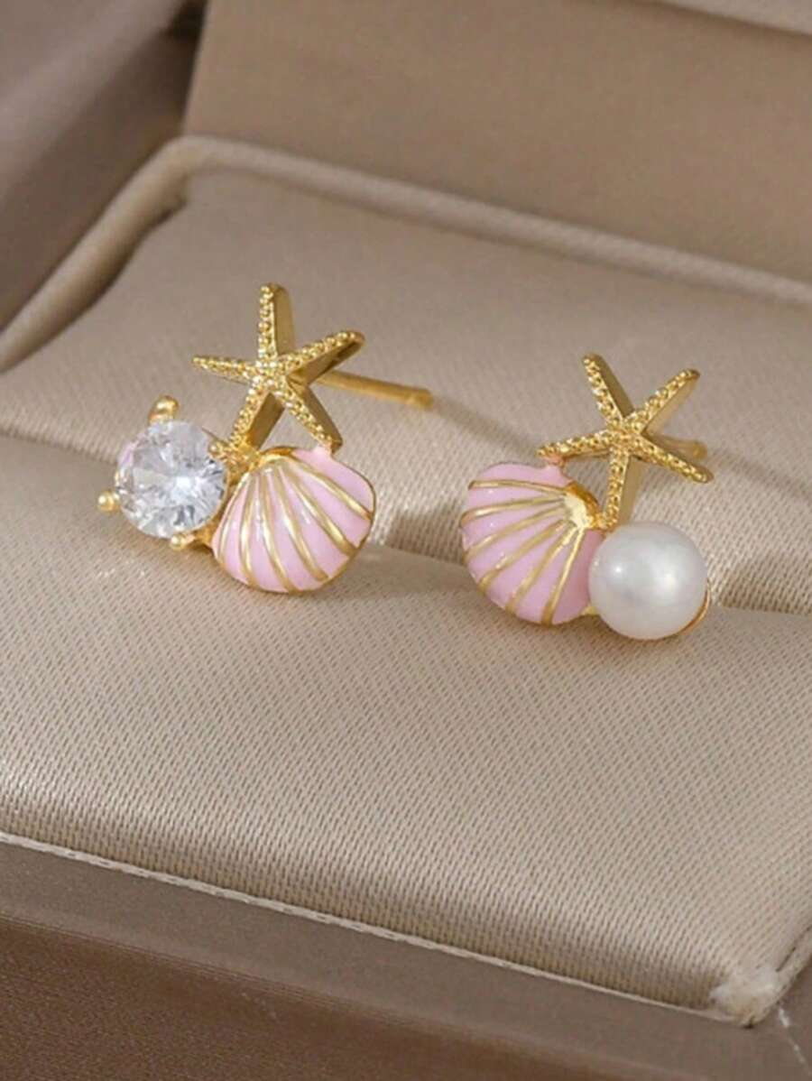 2 piezas de Pendientes asimétricos con concha rosa, estrella de mar y perla, delicados y adecuados para uso diario o en la playa de la mujer