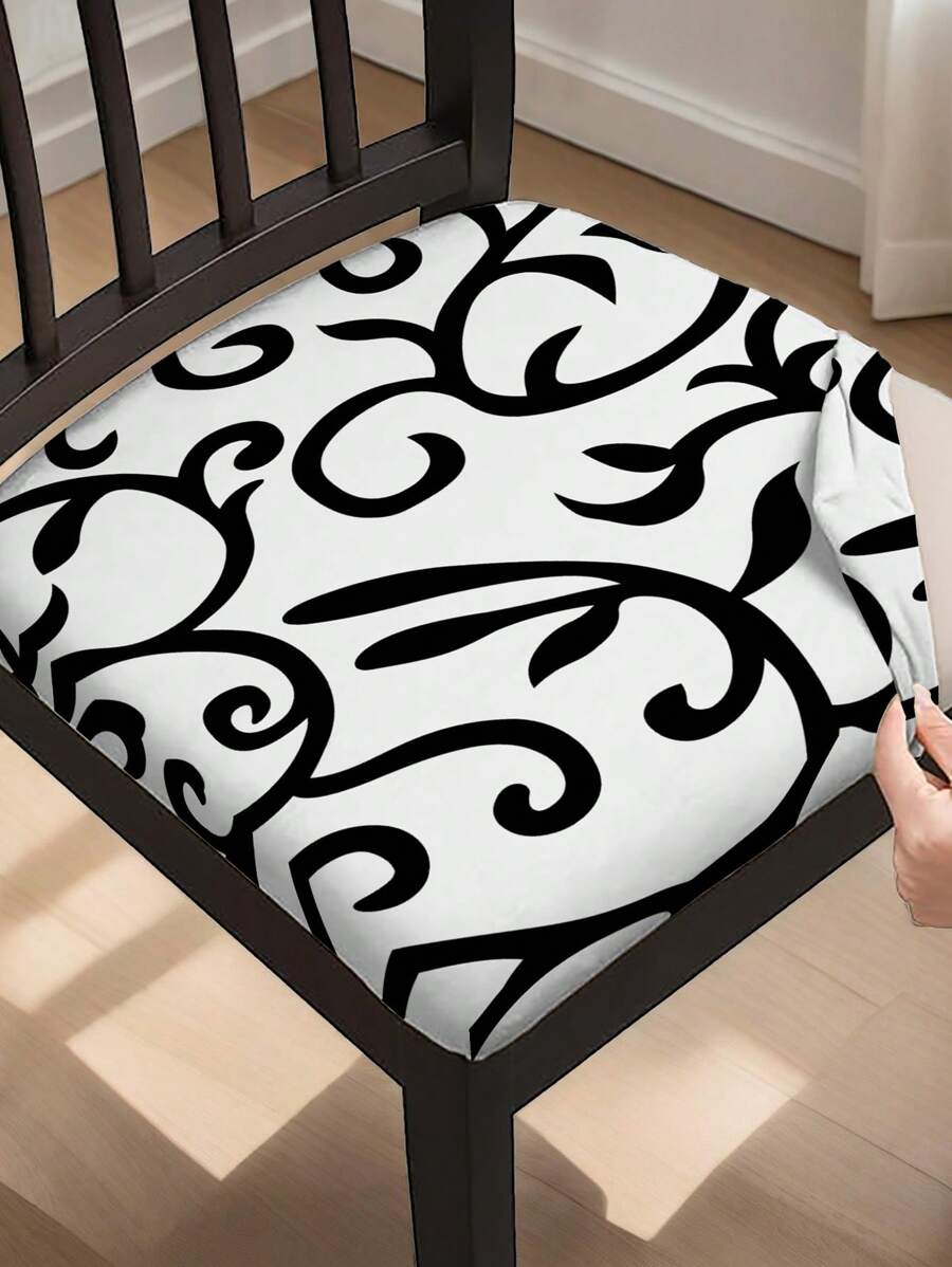 6 Fundas protectoras para asiento de silla, fundas impresas para sillas de comedor, cubiertas protectoras para sillas de cocina y hotel (Negro y Blanco, 6 piezas)