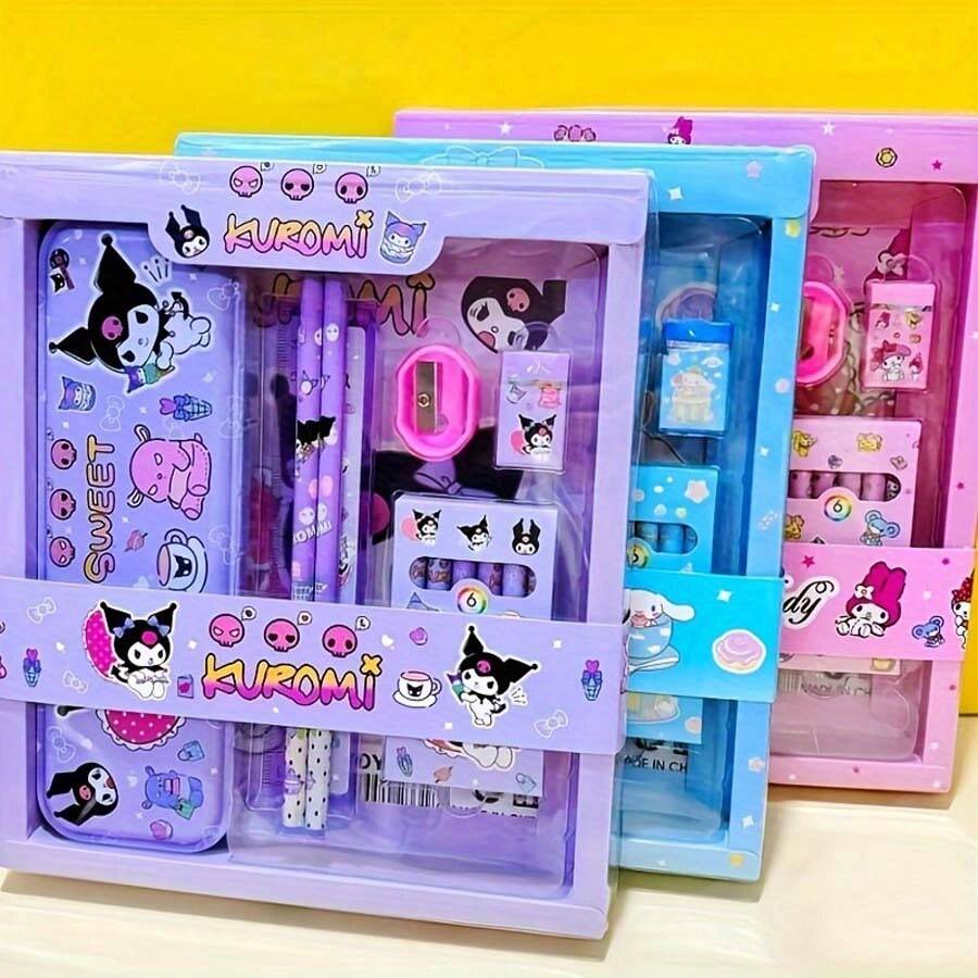 Sanrio Sanrio 12 sztuk My Melody & Kuromi Kids Stationery Gift Set: plastikowa linijka i gumki, odpowiednie na urodziny, upominki na przyjęcia, artykuły szkolne i nagrody - linijka uniwersytecka, bez piór