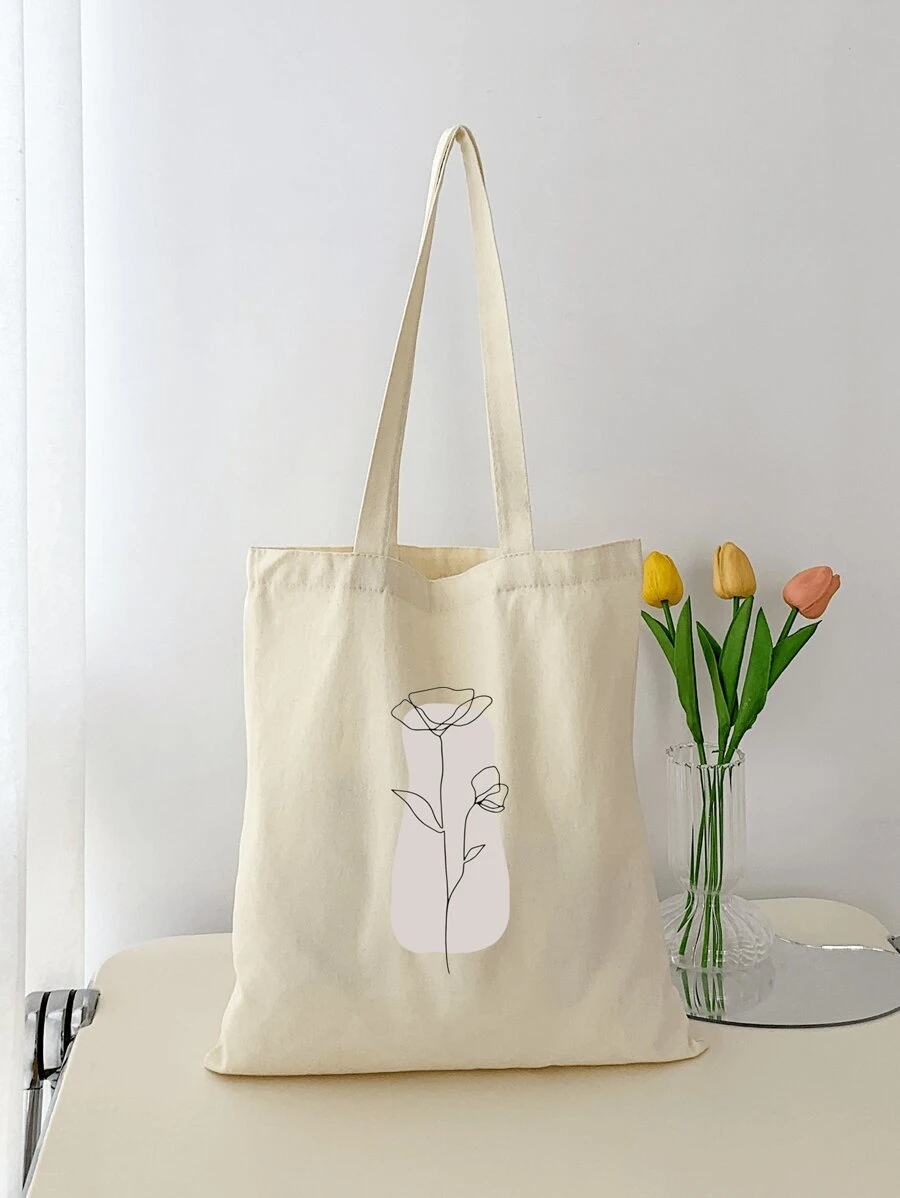 New Beige Stone Line Floral Print Tote Bag, Versatile Suitable For School, Campus, Library, Shopping, Travel, Outdoor, Casual, Large Capacity Convenient Style